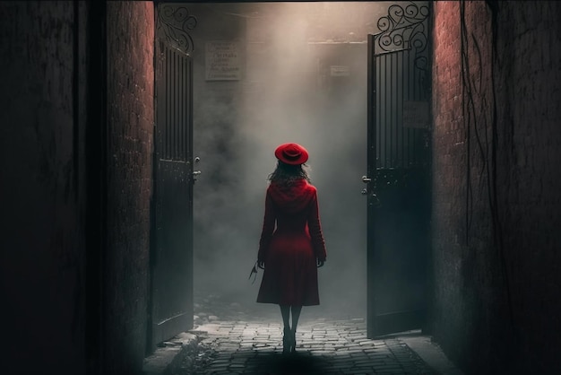 Image of a woman in red coat and hat generative ai