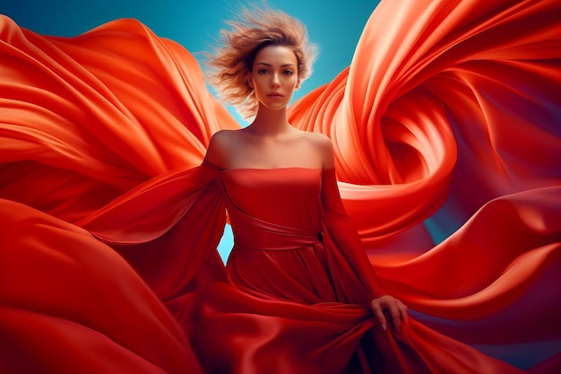 Image of woman in red dress with flowing red fabric Generative AI