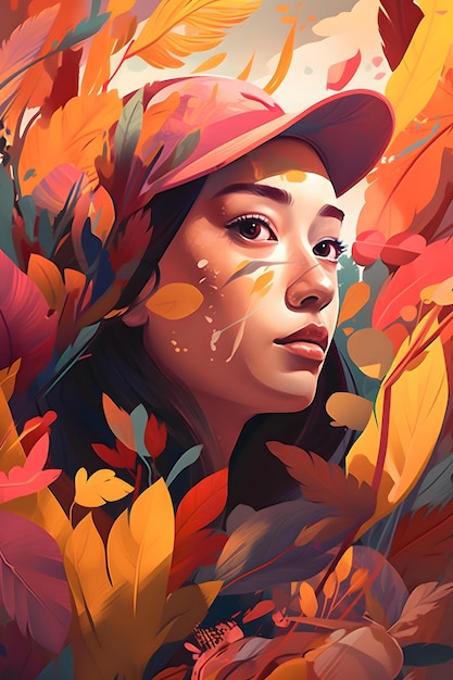 Image of woman's face surrounded by autumn leaves and leaves Generative AI