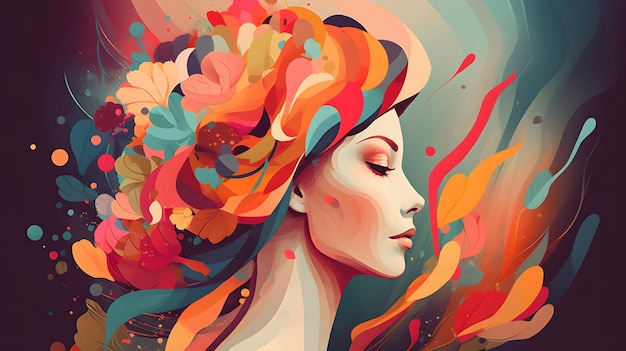 Image of woman's face with colorful flowers in her hair Generative AI