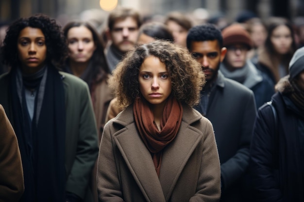 Foto l'immagine di una donna in piedi in mezzo a una folla di persone