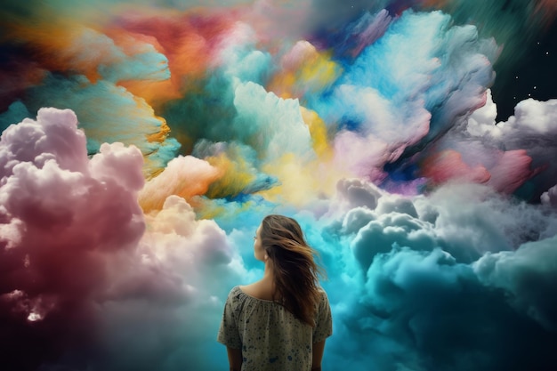 カラフルな雲に囲まれた女性の画像生成ai