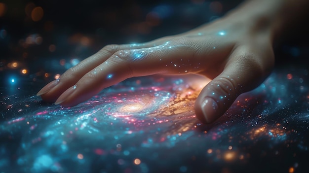 An image of a woman touching the metaverse universe Conceptual design for future technology era