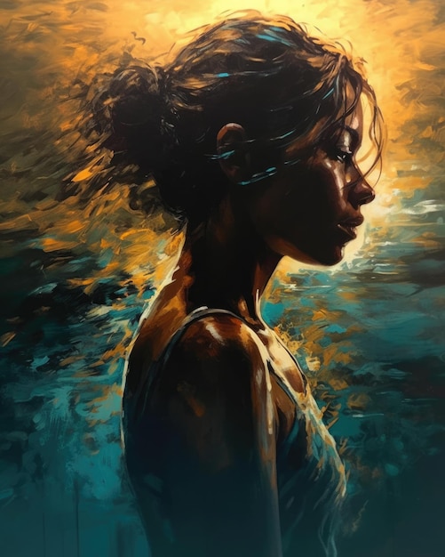 An image of a woman with a beautiful hairstyle hanging in the style of eric zener dark turquoise and light amber created with Generative AI technology