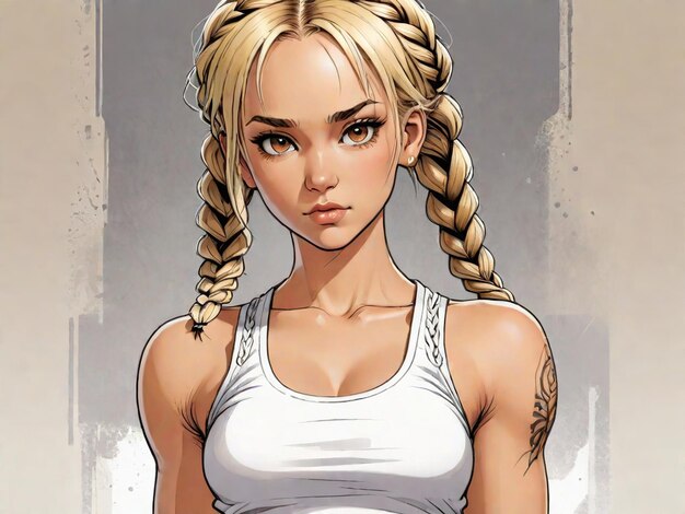 Photo image of a woman with blonde hair with braids and bangs wearing a short white tank top