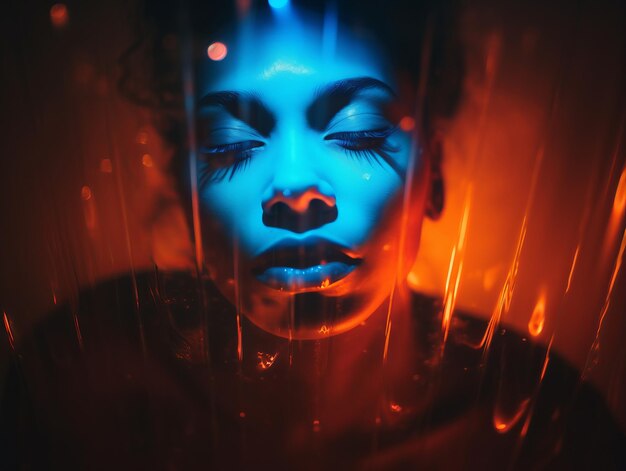 an image of a woman with blue and red lights on her face