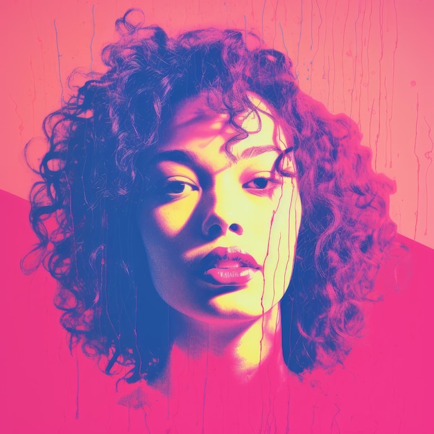 an image of a woman with curly hair and a pink and purple background