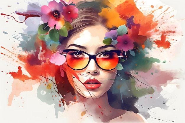 Image of woman with flowers in her hair and glasses on her head Generative AI