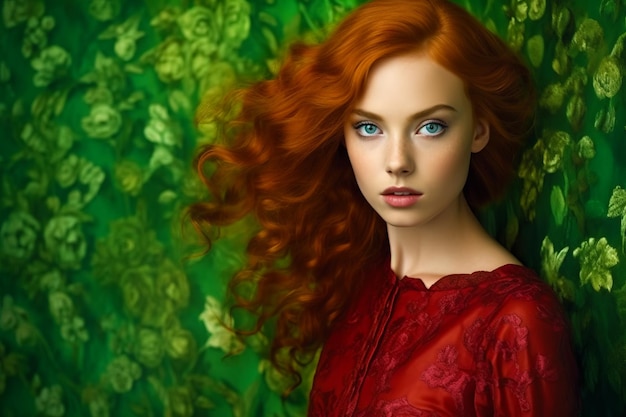 Photo image of woman with long red hair and blue eyes standing in front of green background generative ai