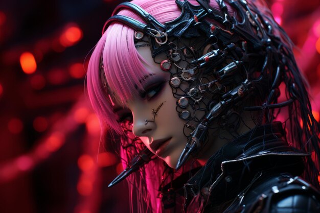 an image of a woman with pink hair and black armor