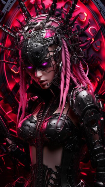 an image of a woman with pink hair and black armor