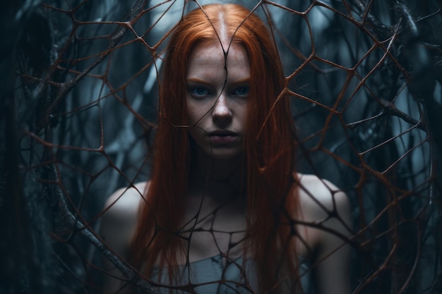 an image of a woman with red hair in a forest