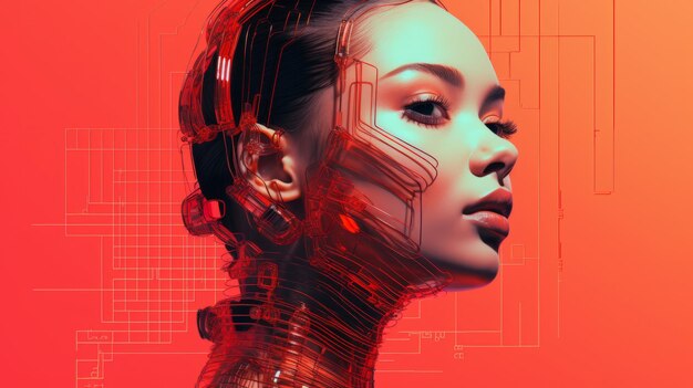 An image of a woman with a robot head on a red background