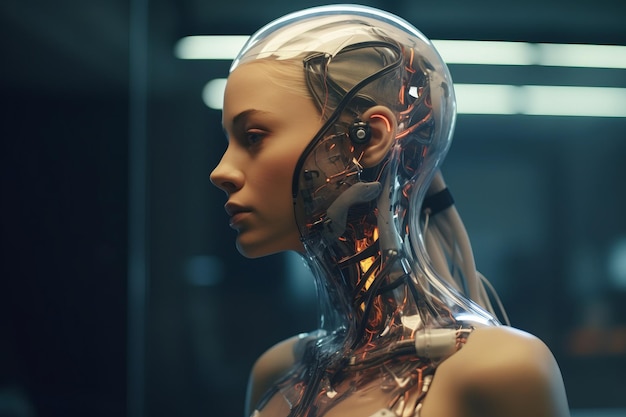 ロボットの頭を持つ女性の画像