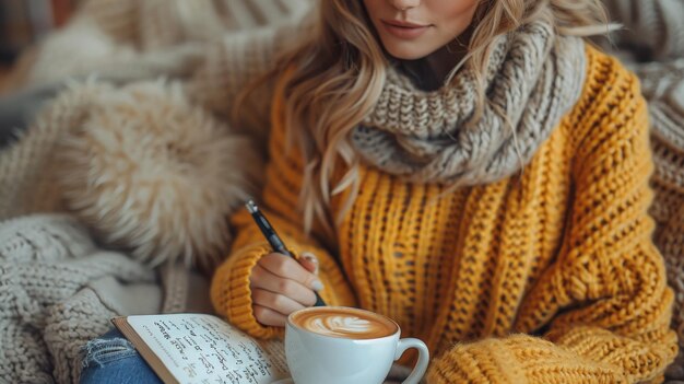 Photo an image of a woman in a yellow knitted sweater with jeans sitting on bed writing down her resolutions on the surface of frothy cappuccino in a white coffee cup