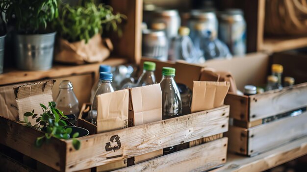 Foto immagine di una cassa di legno piena di materiali di riciclaggio, comprese bottiglie di carta plastica e barattoli di vetro