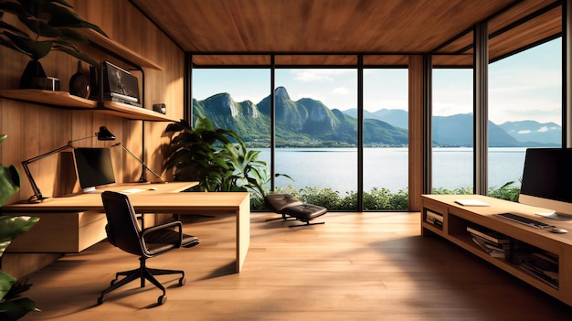 an image of a wooden home office with a view of mountains and beach