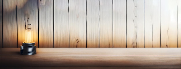 Photo image of wooden table in front of abstract blurred back ai generative