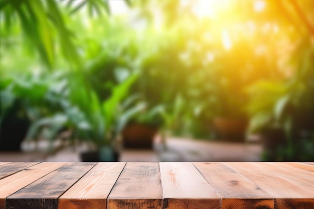 Image of wooden table in front of abstract blurred background made of plants Generative AI