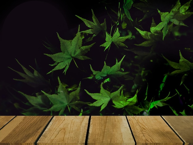 자연 나무 잎의 추상적으로 흐릿한 배경 앞에 있는 나무 테이블의 이미지