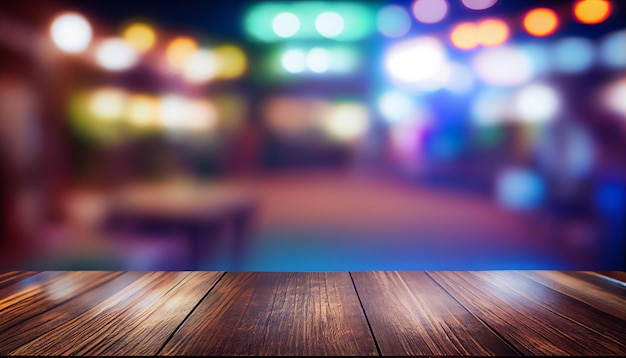 Image of wooden table in front of abstract blurred background of restaurant lights Generative Ai