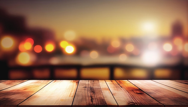 Image of wooden table in front of abstract blurred background of restaurant lights Generative Ai