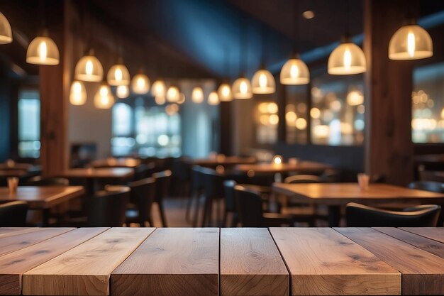 image of wooden table in front of abstract blurred background of resturant lights