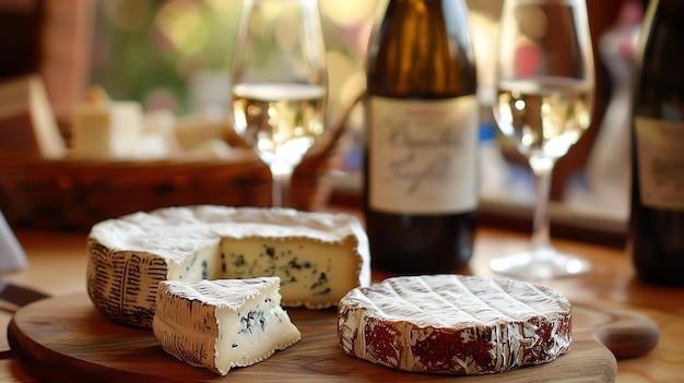 An image of a wooden table with brie cheese and a bottle of white wine There are two wine glasses on the table The background is blurred