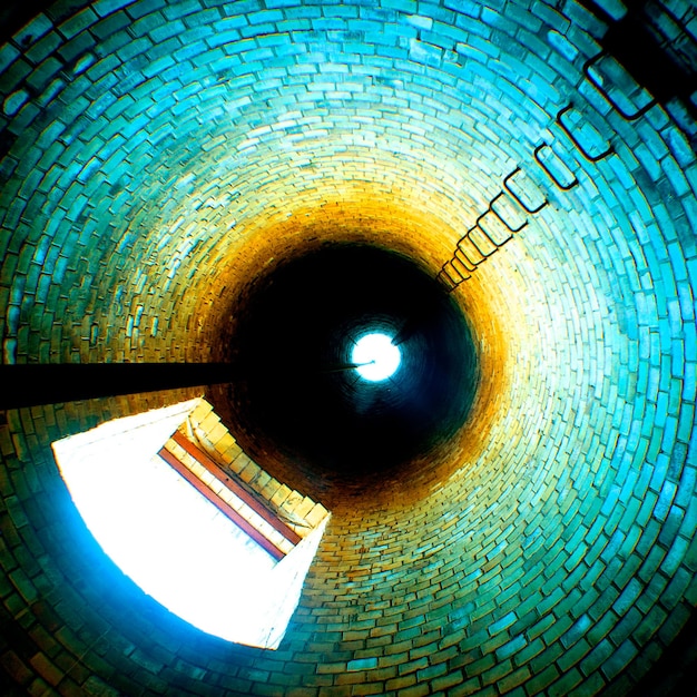Immagine della vista dall'alto di worm di una torre di fabbrica con pioli in acciaio che portano verso l'alto