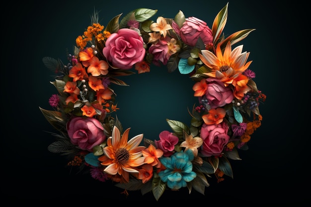 An image of a wreath made of flowers and leaves is showcased