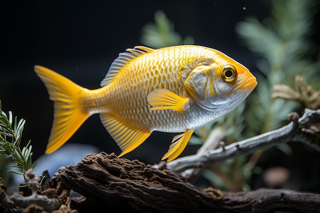 古い石の水族館で泳ぐ黄色い魚の画像