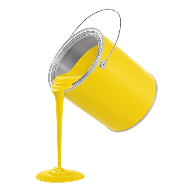 Photo a image of a yellow metal bucket pouring yellow paint isolated on a white background