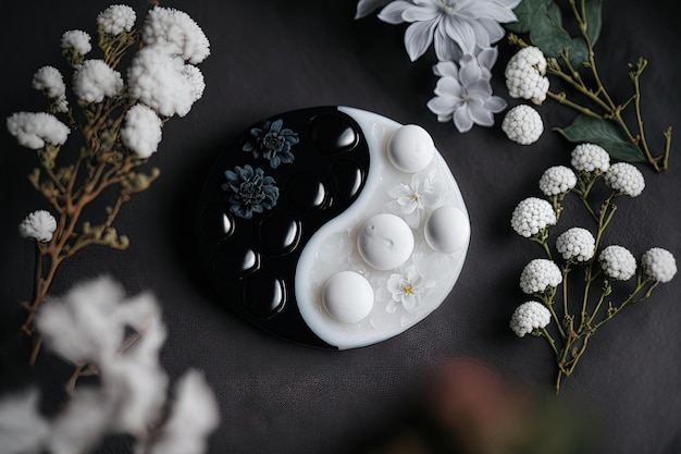 복사본을 위한 공간이 있는 음과 양 치유 크리스탈의 이미지 화이트 마노 스노우 쿼츠 블랙 어벤츄린 및 흑요석 치유 보석이 있는 흑백의 단순한 달콤한 꽃
