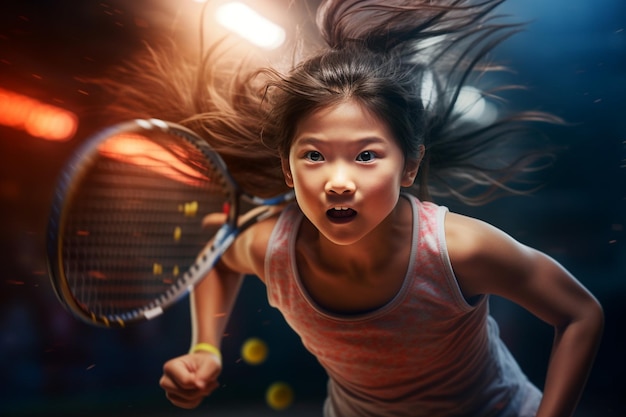 Image of young asian girl playing tennis