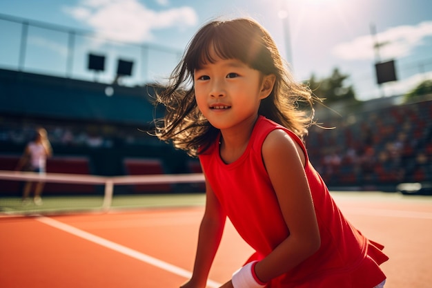 테니스를 치는 젊은 아시아 소녀의 이미지