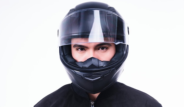 Image of young Asian man with helmet on background