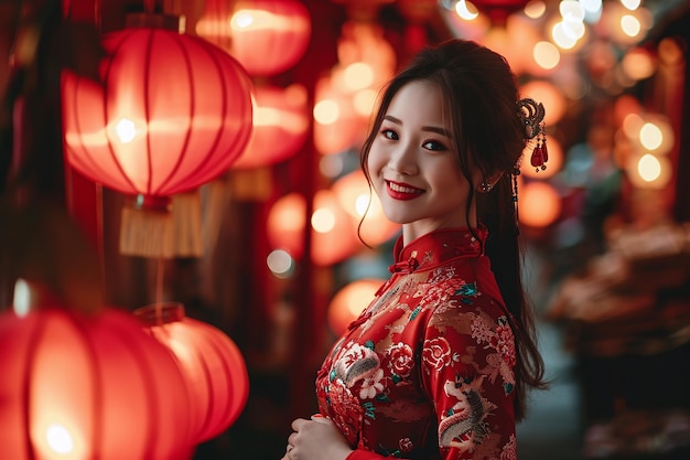 중국 새해 축제 에서  ⁇ 은 드레스 를 입은 젊은 아시아 여성 의 이미지