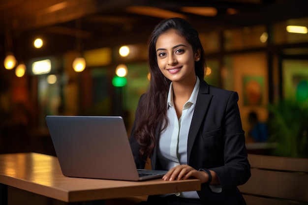 Image of young beautiful joyful woman smiling while working with laptop in office