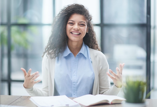 Photo image of young beautiful joyful woman while working