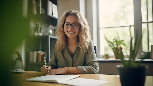 Image of young beautiful woman writing down notes while sitting at table in officeCreated with Generative AI technology