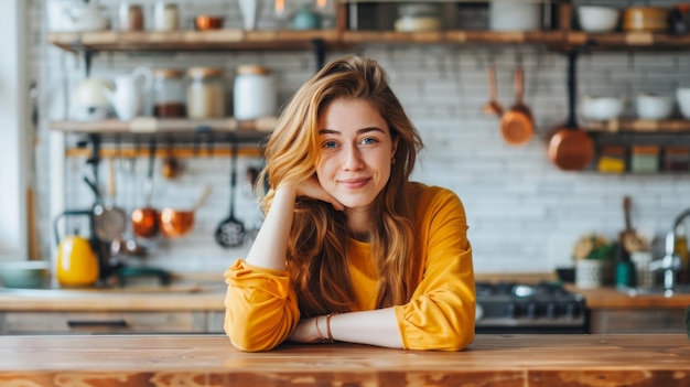 Image of young cute pretty ginger woman indoors sitting at the kitchen at home