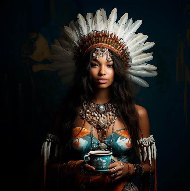 Image of a young Indian woman wearing an indigenous headdress and indigenous clothing