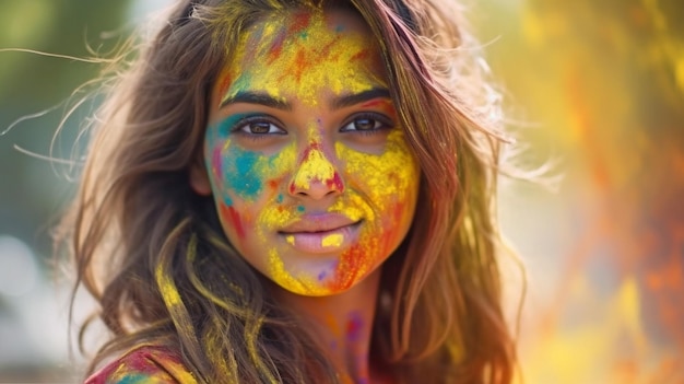 Image of a young lovely woman who splattered with colorful paint during the Indian celebration of colors Holi Generative AI