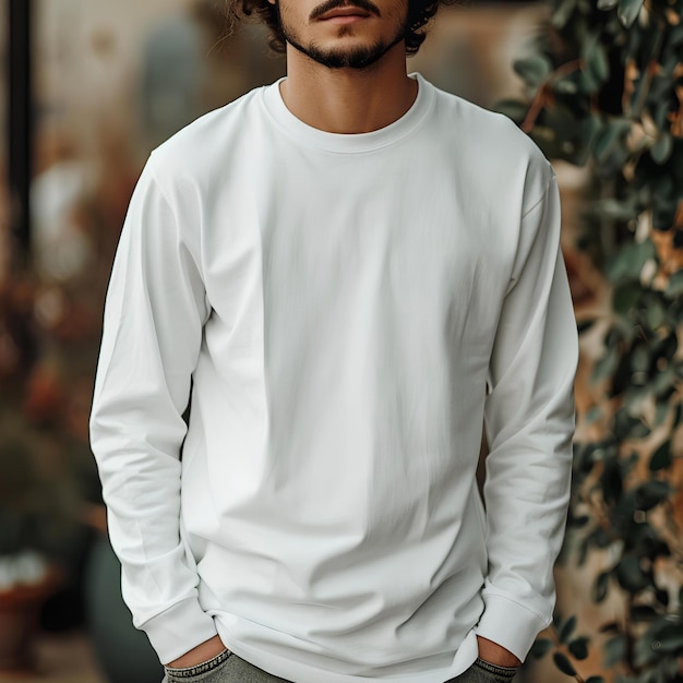 Image of young man wearing a white long sleeve tee