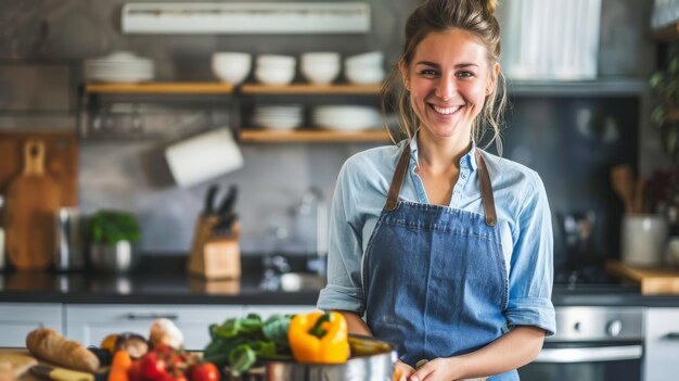 Image of young smiling concentrated happy positive cute beautiful woman indoors at the kitchen cooki