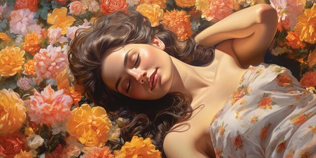 an image of a young woman laying on flowers in the style of joyful and optimistic