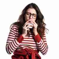 Photo image of a young woman with flu and coughing on white