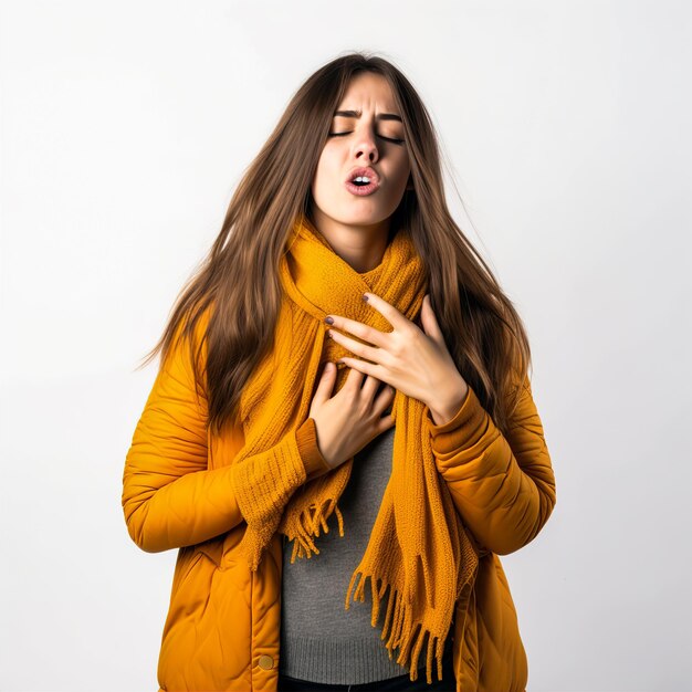 image of a young woman with flu and coughing on white