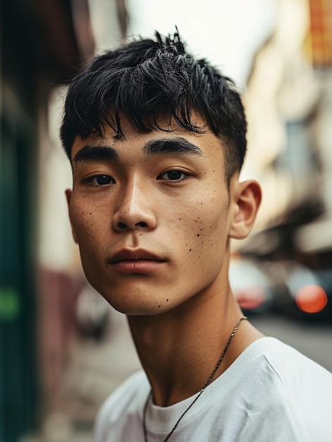 Image of youthful Asian male against backdrop