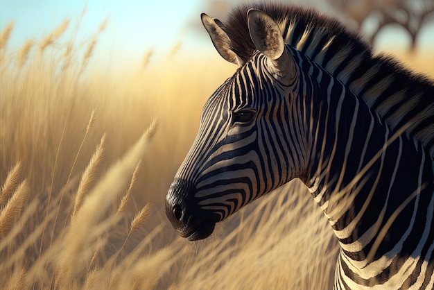 Image of a zebra glancing away from a dry grass setting